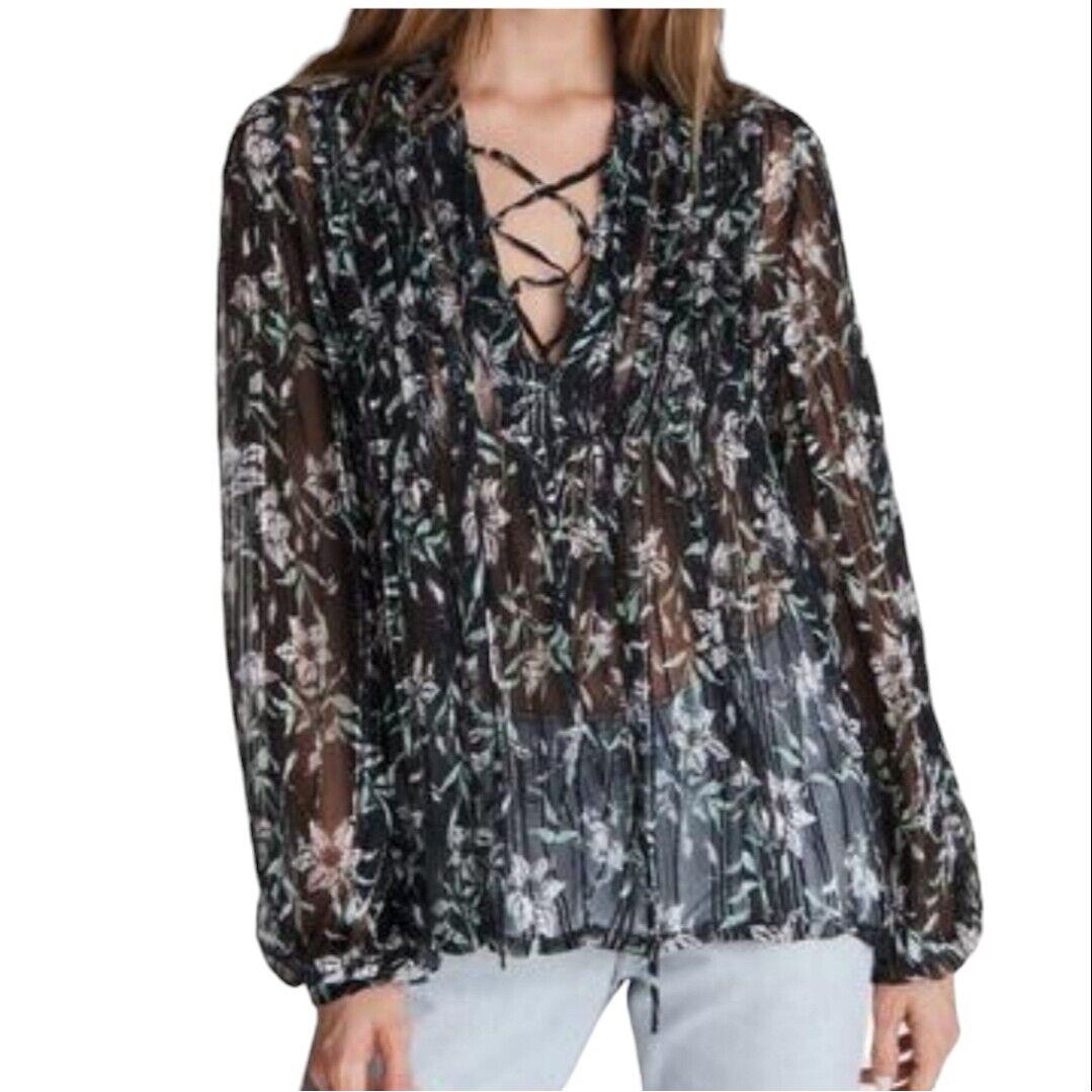 Rag Bone Sachi Floral Blouse Women s Size XS Pleated Lace-up Black Boho