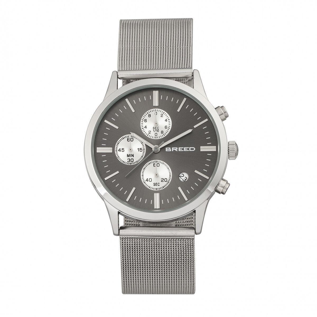 Breed Espinosa Men`s Chronograph Silver Mesh Bracelet Watch w/ Date - Black 7602