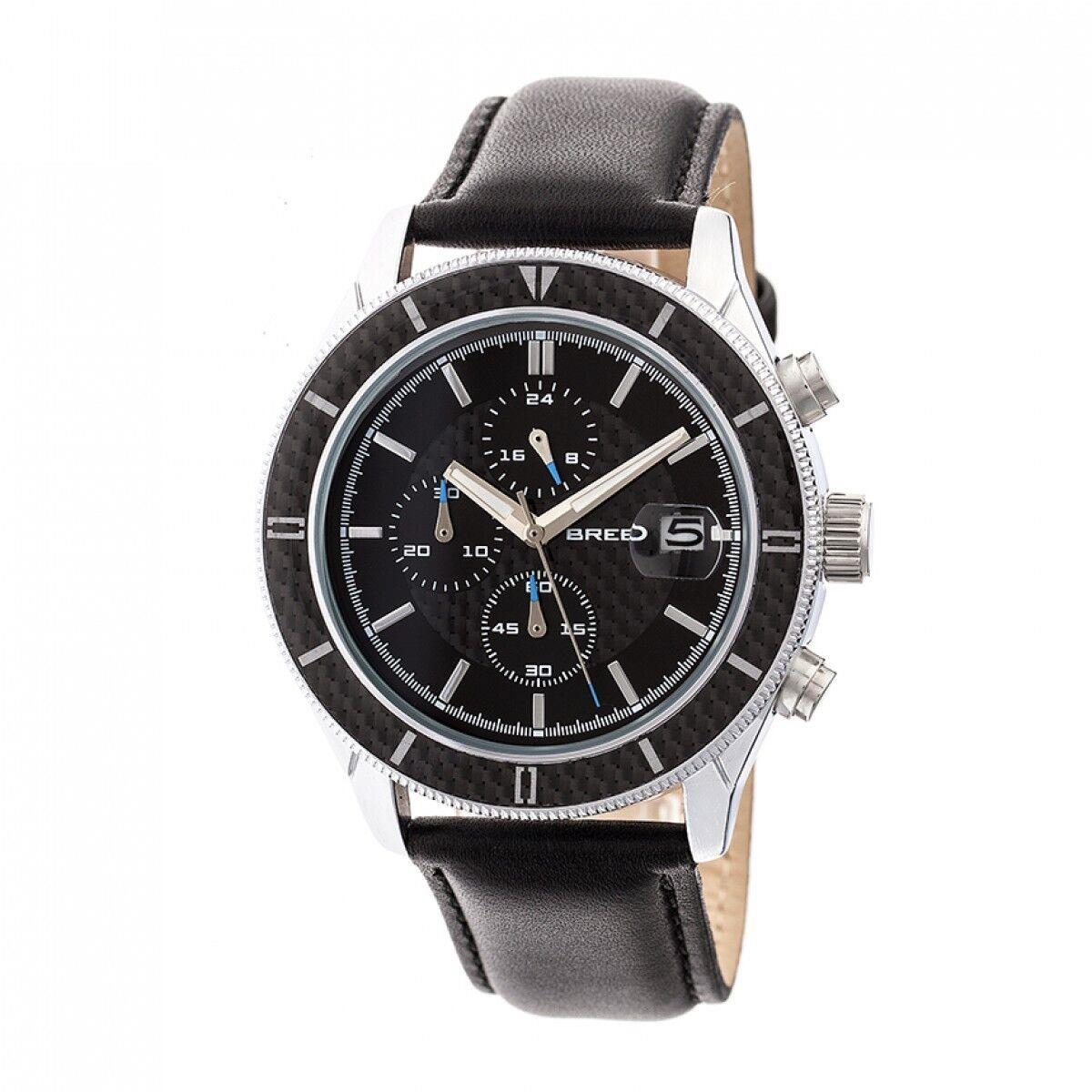 Breed Maverick Men`s Silver Chronograph Black Leather Watch w/ Date 7503