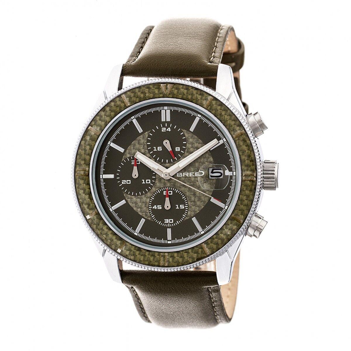 Breed Maverick Men`s Silver Cronograph Olive Leather Watch w/ Date 7505