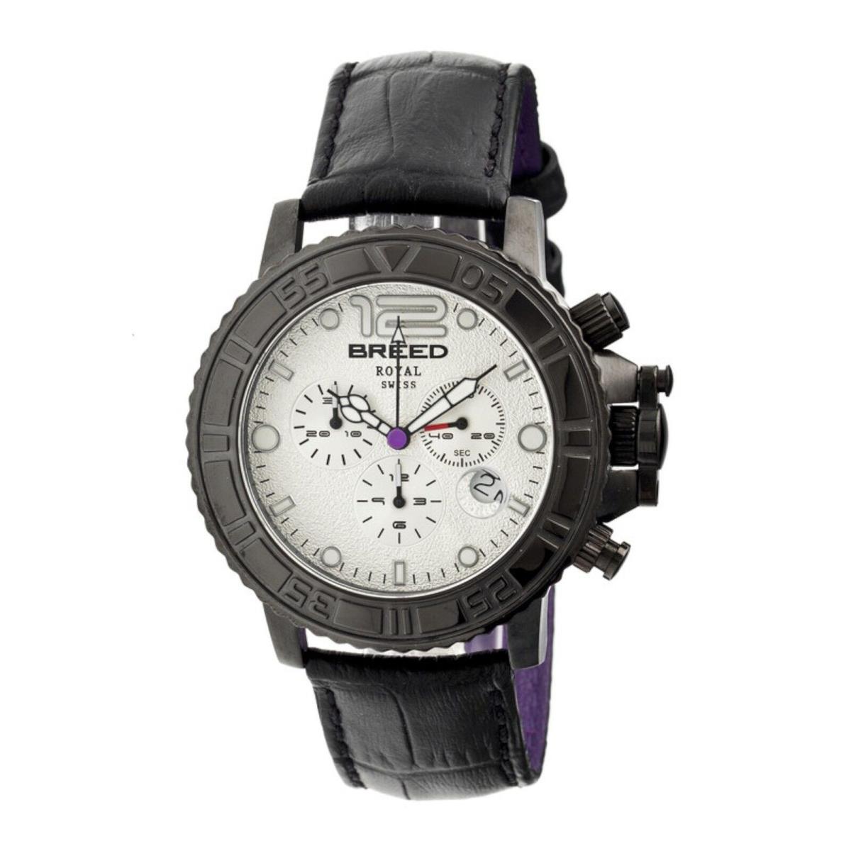 Breed 4703 Men`s Von Glarus Black Leather Chronograph White Dial Round Watch