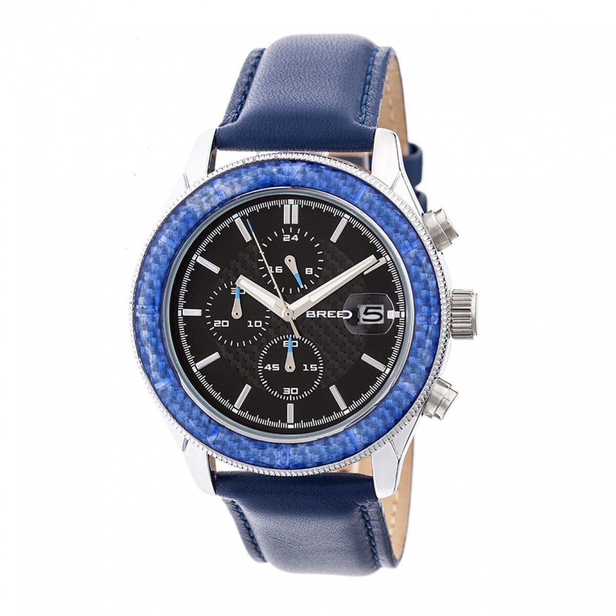 Breed Maverick Men`s Silver Chronograph Blue Leather Watch w/ Date 7504