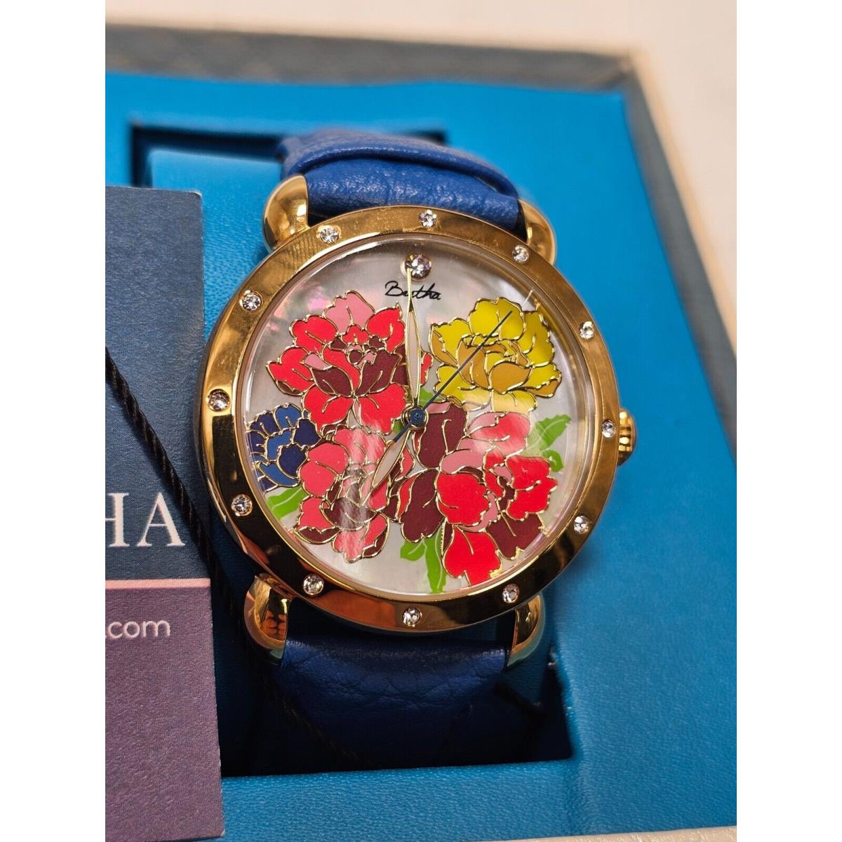 Bertha Angela Mother Of Pearl 38mm Women`s Floral Watch Gold Blue Leather BR3602