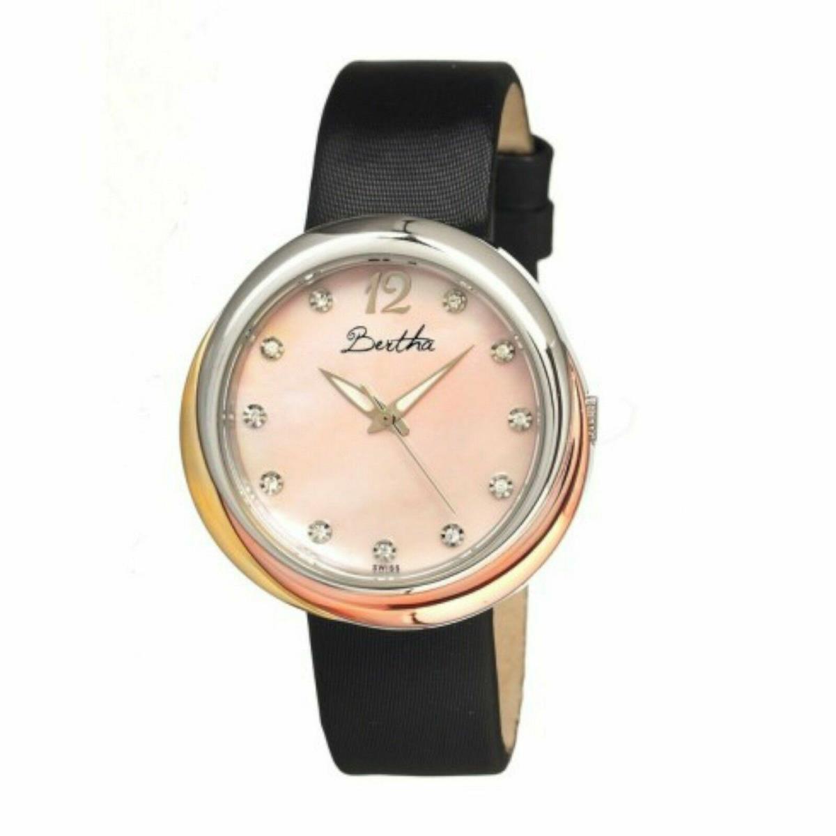 Bertha BR3503 Women`s Jean Rose Gold w/ Silver Mop Black Leather Band Watch