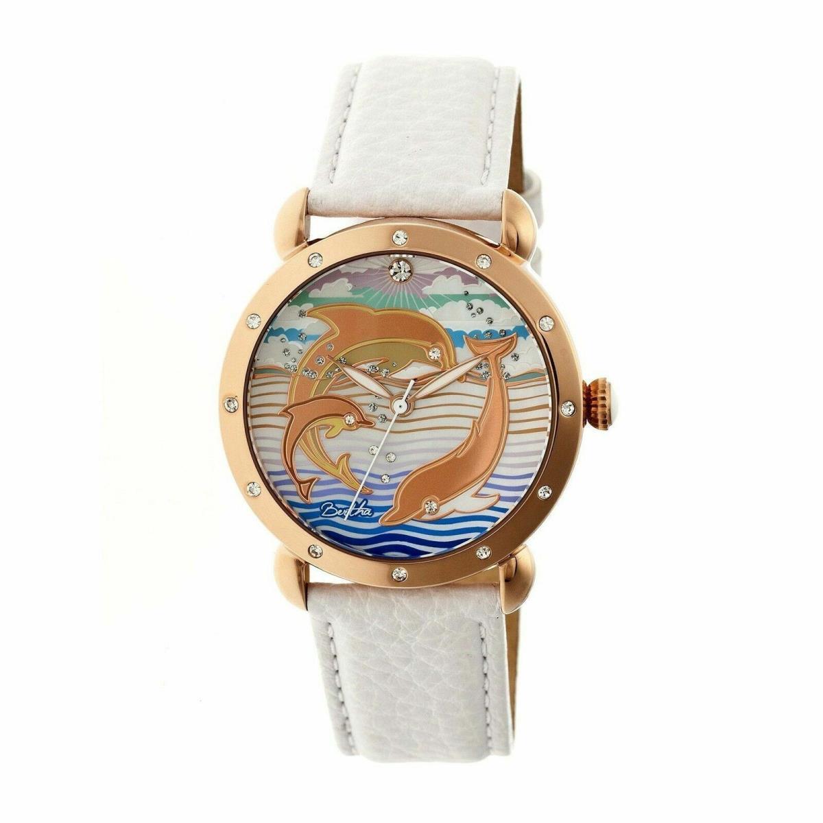 Bertha BR5105 Women`s Estella Pearl Dolphin Dial White Strap Rose Gold Watch