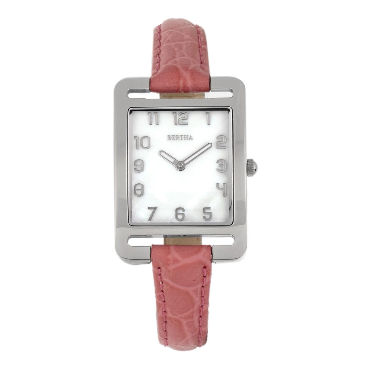 Bertha Marisol Swiss Mop Leather-band Watch - Coral - Dial: White, Band: Coral, Bezel: Silver