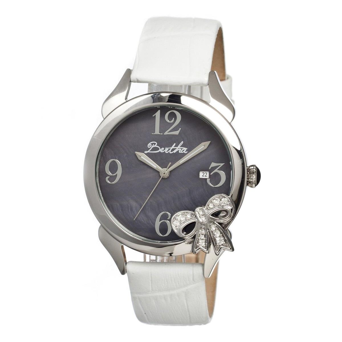 Bertha BR2101 Women`s Bow Collection Black Mother Pearl White Strap SS Watch - Dial: Black - Mother of Pearl, Band: White, Bezel: Silver