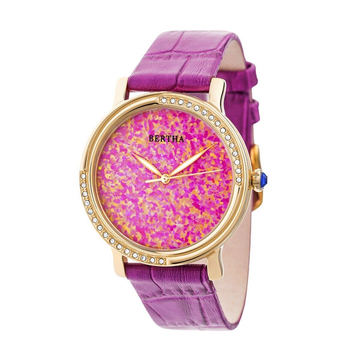 Bertha Courtney Women`s Real Opal Dial Crystal Hot Pink Leather Watch BR7903