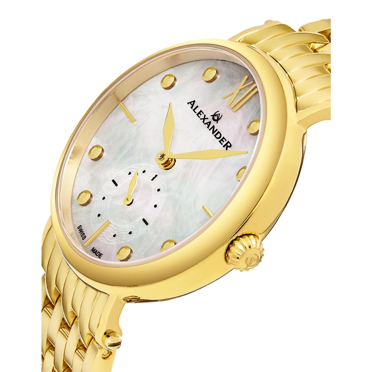 Alexander Monarch Roxana A201B-02 Women`s Swiss Quartz White Mop Dial Gold Watch