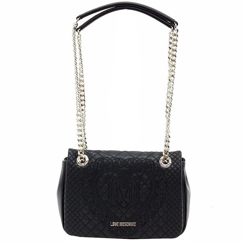 Love Moschino Women`s Quilted Embroidered Black Flap-over Satchel Handbag