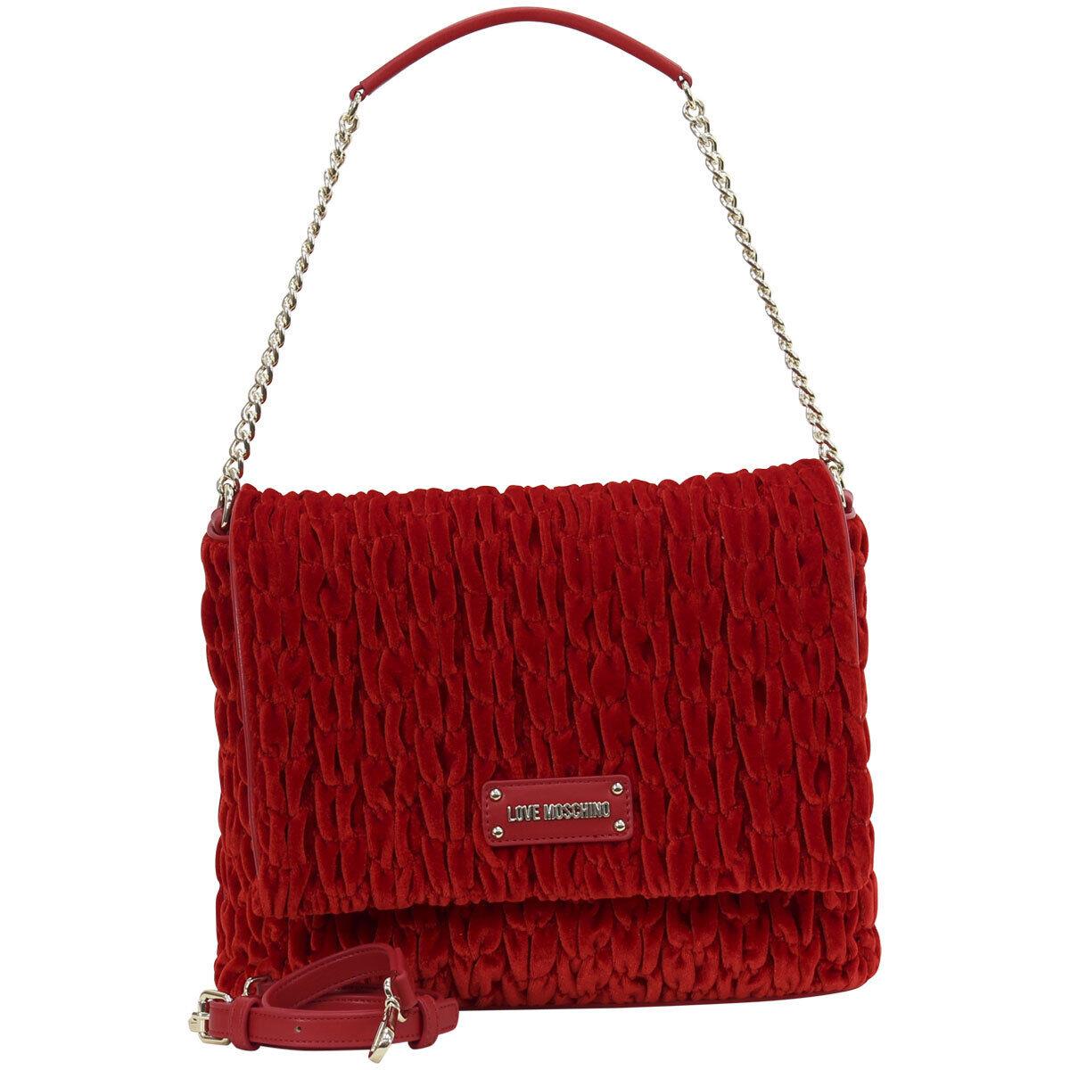 Love Moschino Women`s Red Gathered Velvet Flap Over Shoulder Handbag