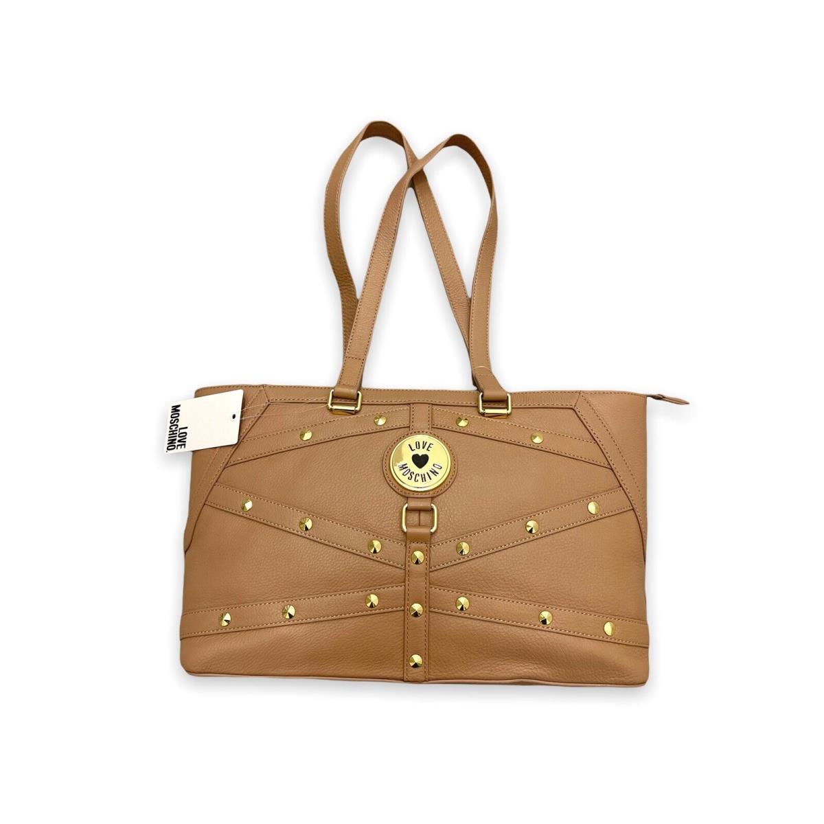 Love Moschino Natural Grain Pebble Taupe Tan Leather Tote Handbag