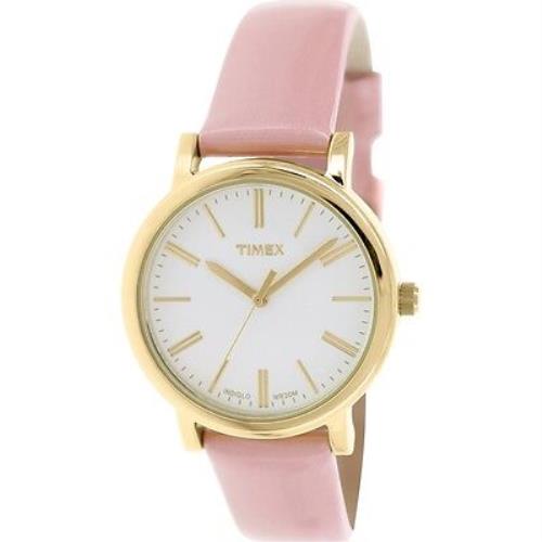 Timex Gold Tone Shiny Pink Leather Band Round Dial Indiglo Light Watch T2P332