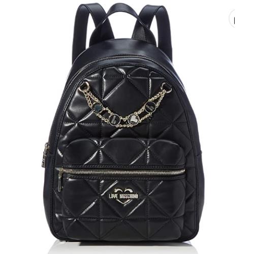 Love Moschino Borsa PU Nero Zip Backpack Bag Black Leather Gold Logo Chain Italy