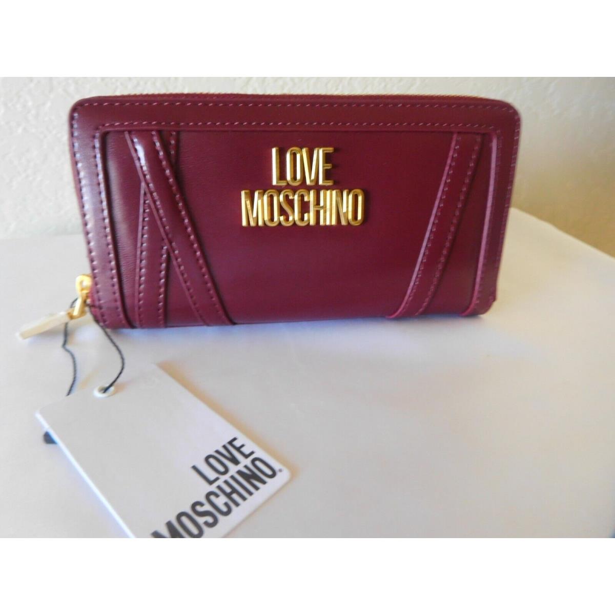 Love Moschino Burgundy Leather Large Zip Around Women`s Wallet Clutch