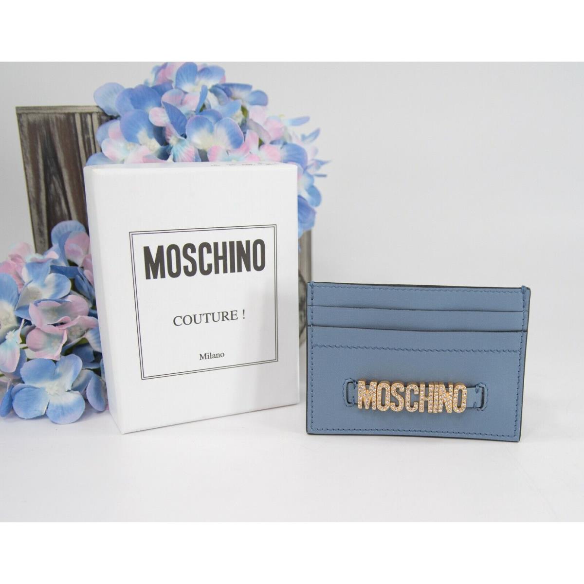 Moschino Couture Dust Blue Crystal Logo Leather Card Case Holder