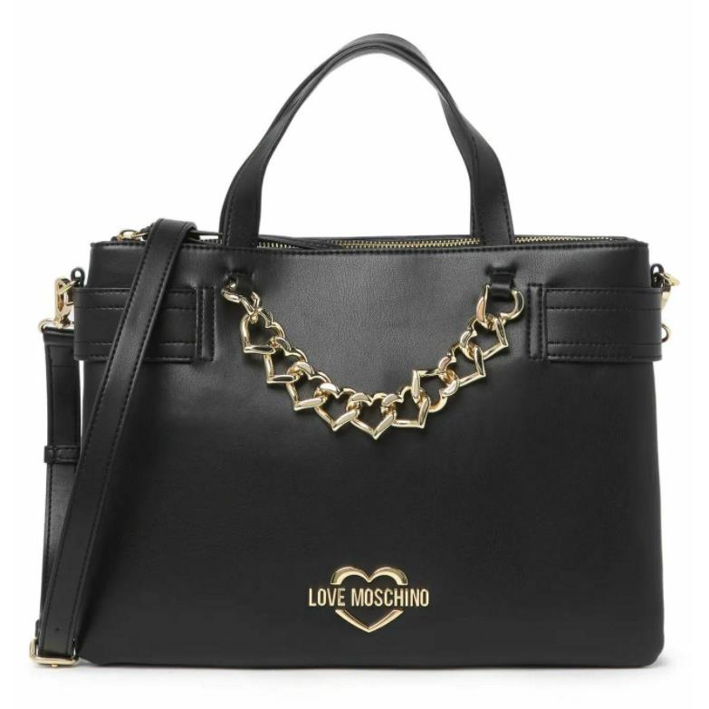 Love Moschino Borsa PU Rosso Satchel Shoulder Bag Black Leather Gold Chain Logo