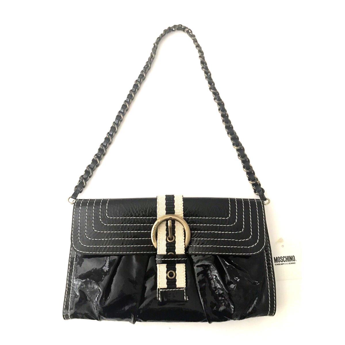 Moschino Handbag Black Patent Leather Clutch Shoulder Bag Chic Italy Spa