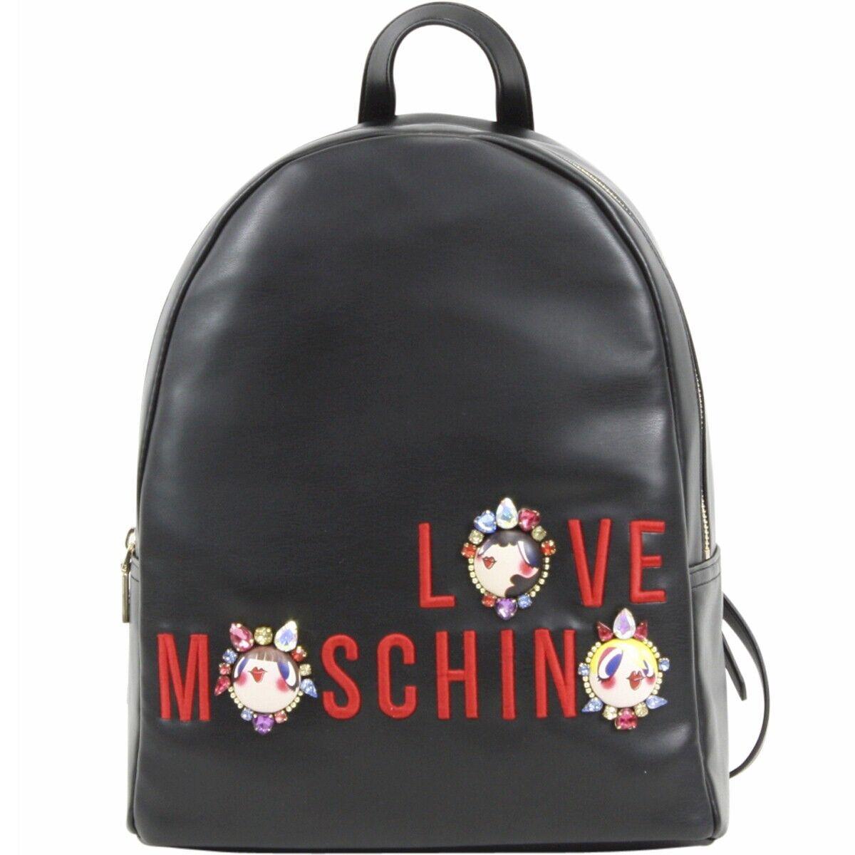 Love Moschino Women`s Black Embroidered Jeweled Logo Book Bag Backpack