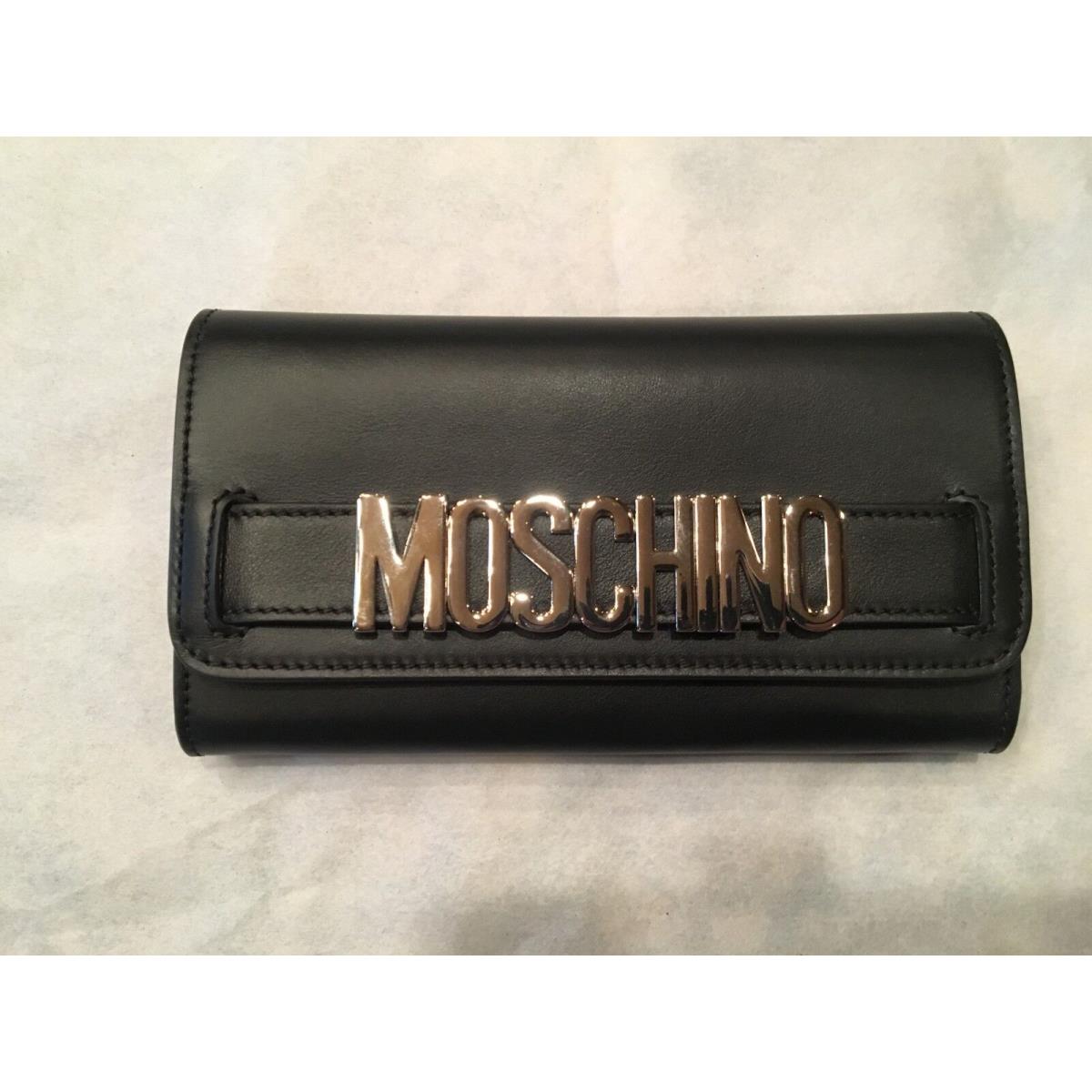 Moschino Silver Logo Flap Black Leather Shopping Wallet Made In Italy