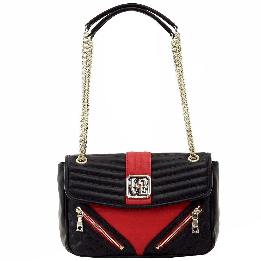 Love Moschino Quilted Zipper Black/red Double Chain Handle Satchel Handbag