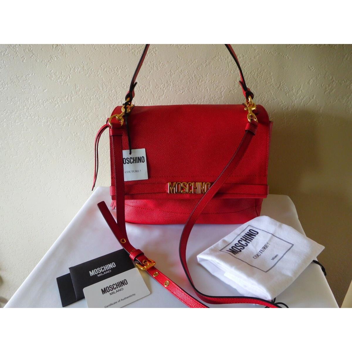 Moschino Couture Red Leather Satchel Shoulder Bag w/ Gold Logo