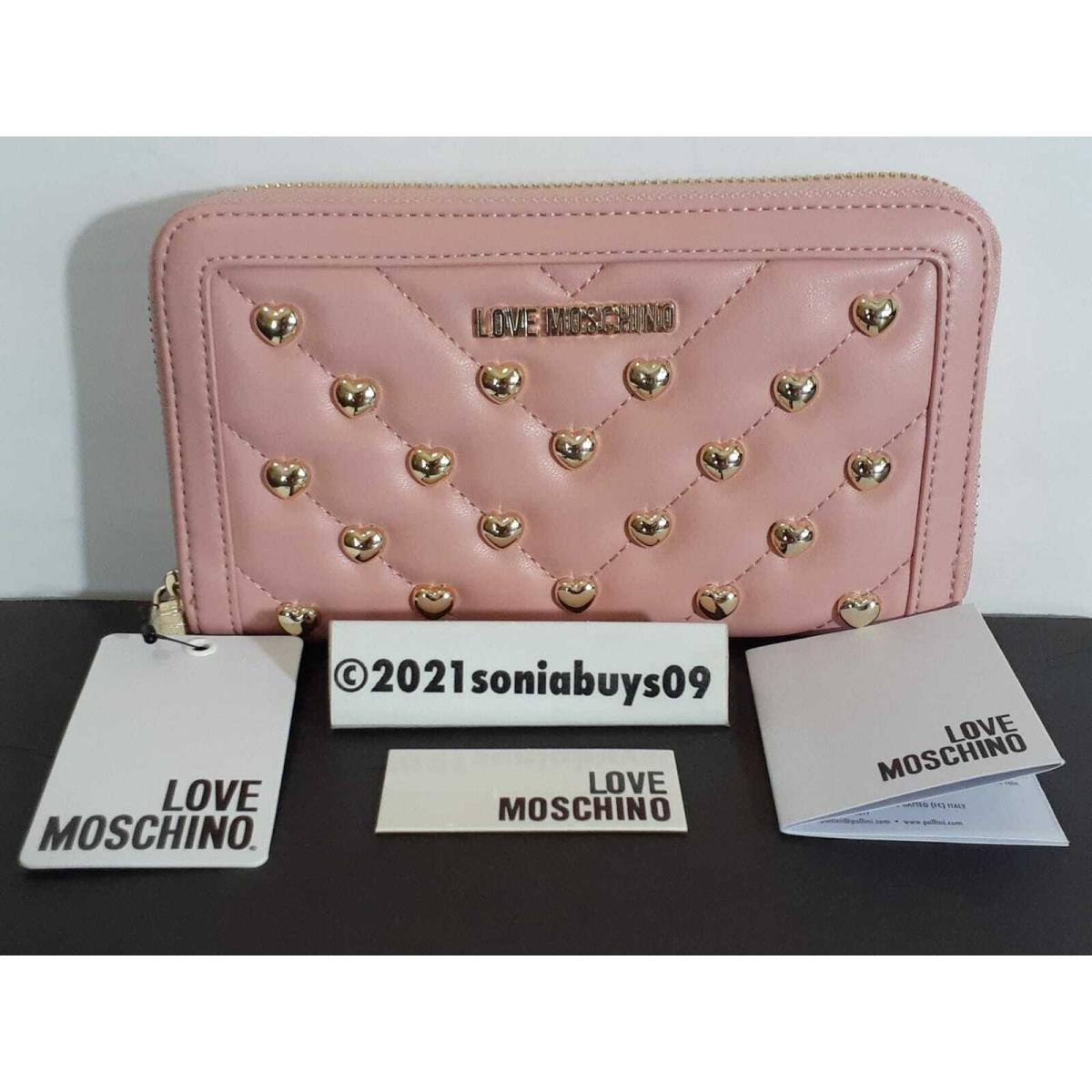 Love Moschino Women`s Quilted Heart Studded Zip Continental Wallet Pink