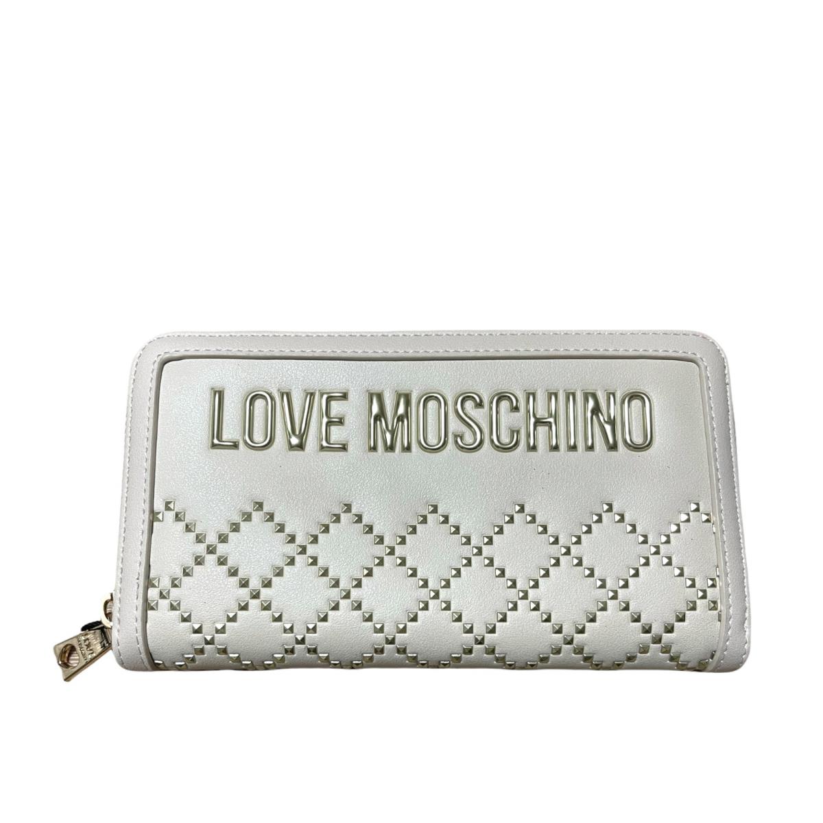 Love Moschino Women`s Cream Vegan Studded Zip-around Continental Wallet