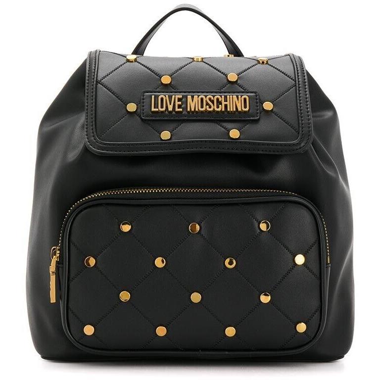 Love Moschino Borsa PU Nero Flap Backpack Bag Black Leather Gold Studs Italy