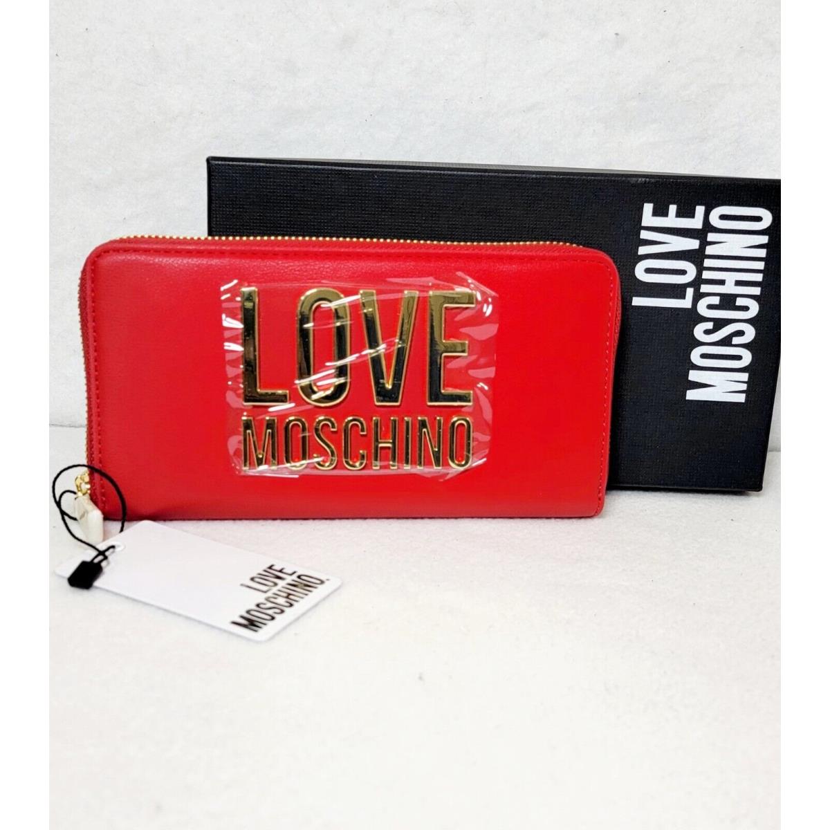 Love Moschino Womens Red Leather Gold Metal Logo Wallet Zip Closure