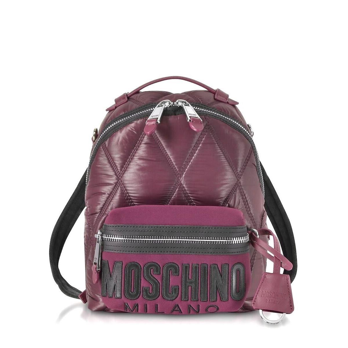 Moschino Quilted Logo Nylon Backpack Purple Burgundy Black Letters