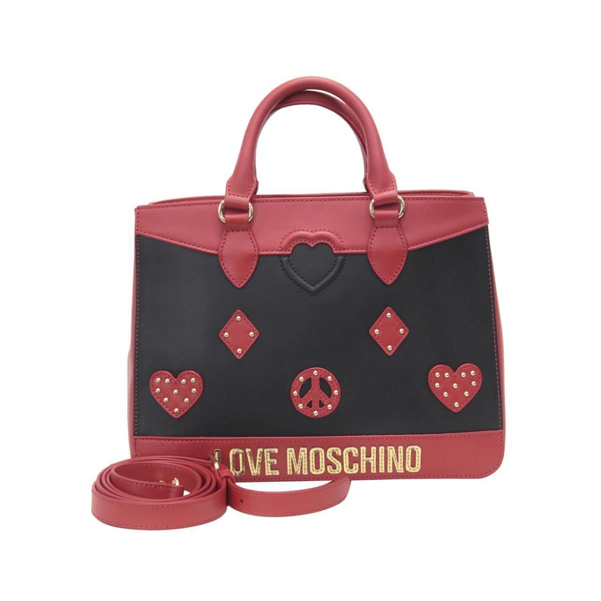 Love Moschino Women`s Heart Peace Patch Black/red Satchel Handbag - Black/Red