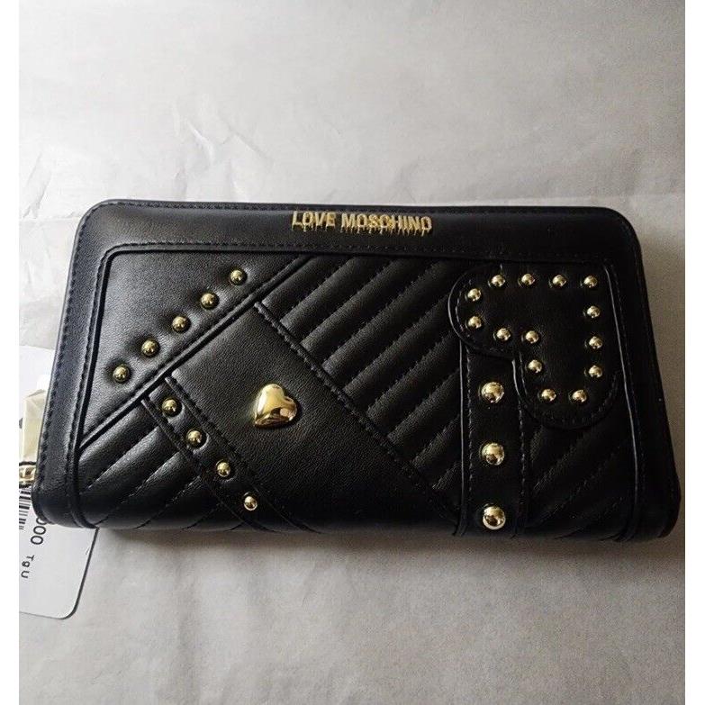 Love Moschino Women Wallet Black Leather Stud Zipper Heart. Moschino Wallet