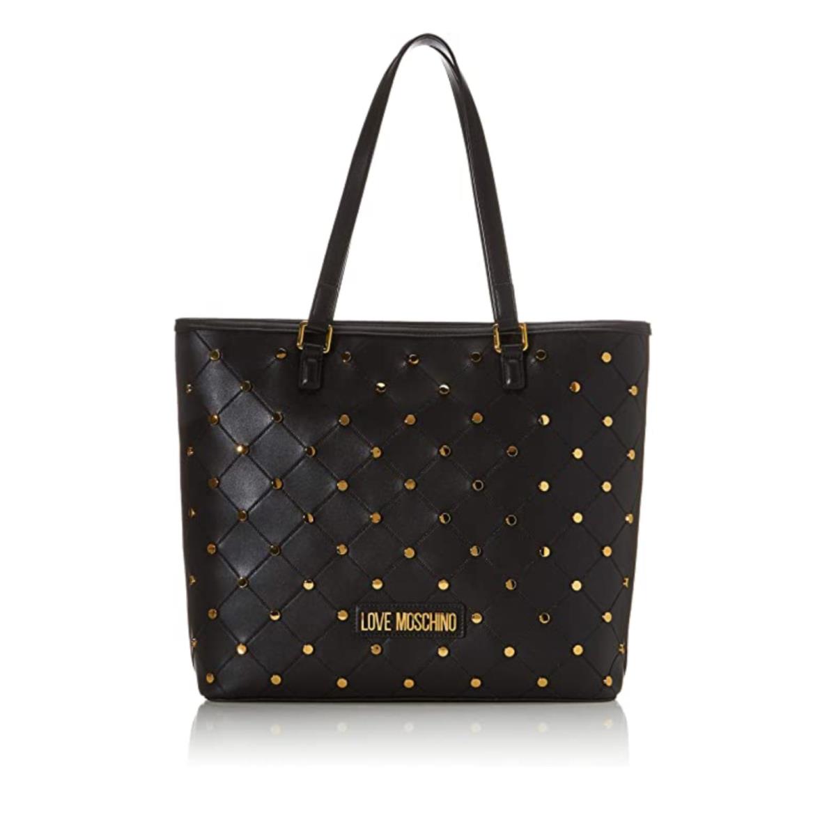 Love Moschino Borsa PU Nero LG Zip Studded Tote Bag Black Leather Gold Studs