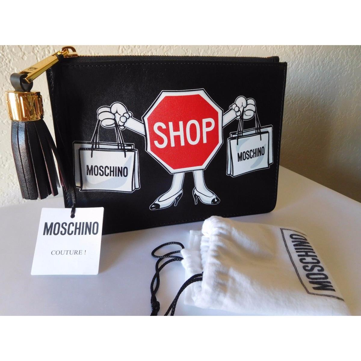 Moschino Couture Shop Sign Black Leather Clutch Pouch Bag