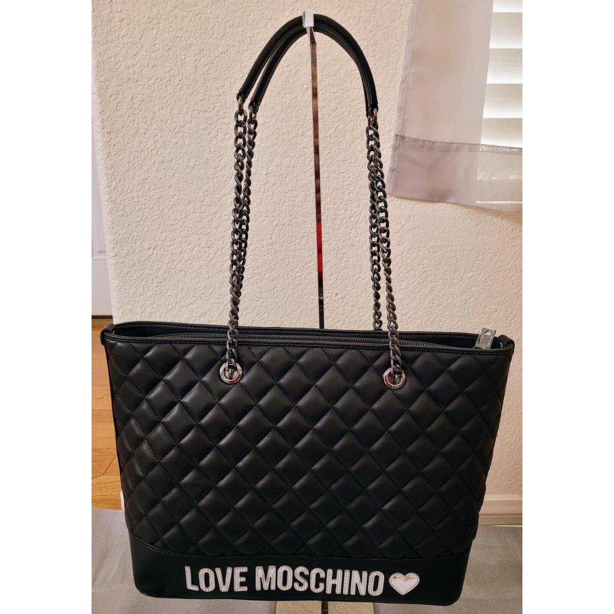 Womens Love Moschino Borsa Quilted Metallic PU Nero Tote Bag Cha