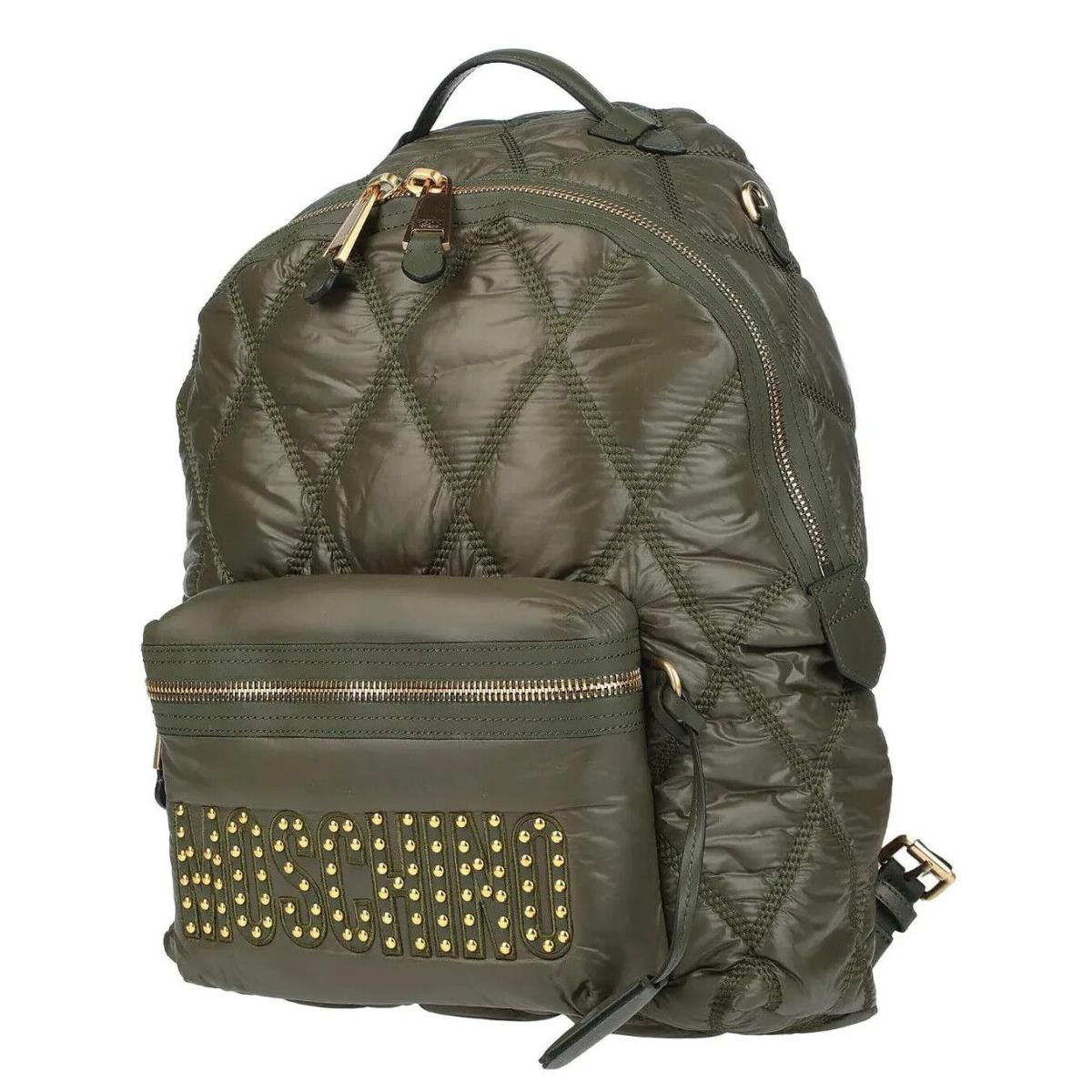 Moschino Quilted Logo Nylon Backpack W/studs Military Green