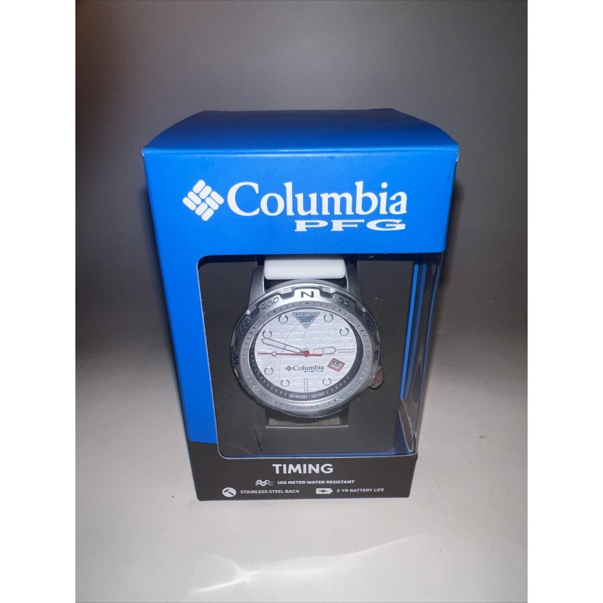 Columbia Timing Backcaster Pfg Watch. SS Back White 100 Meter Water Resistant