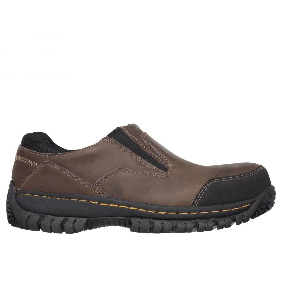 Skechers Work Men`s Relaxed Fit: Hartan Steel Toe Slip-on Work Shoe Dark Brown - DARK BROWN