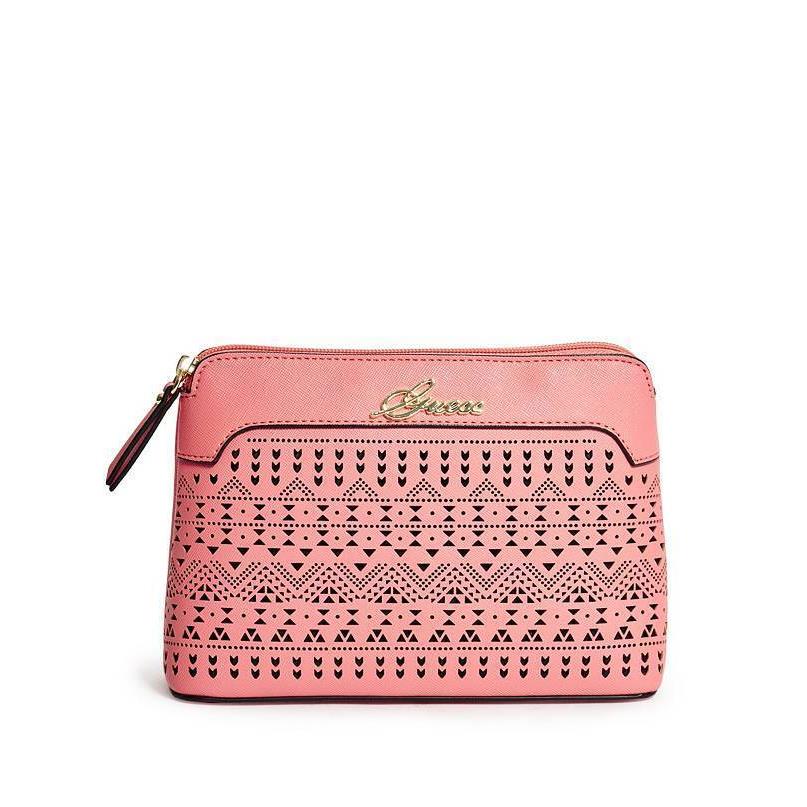 Guess Coral Pink Saffiano Leather Laser Cut Zip Gold Cosmetic+make UP