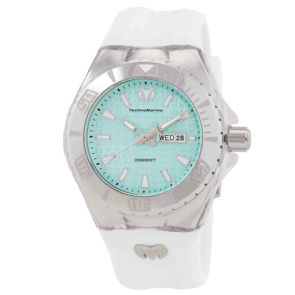 Technomarine Cruise Monogram Date Day Quartz Men`s Watch TM-122010 - Dial: Turquoise, Band: White, Bezel: Silver-tone