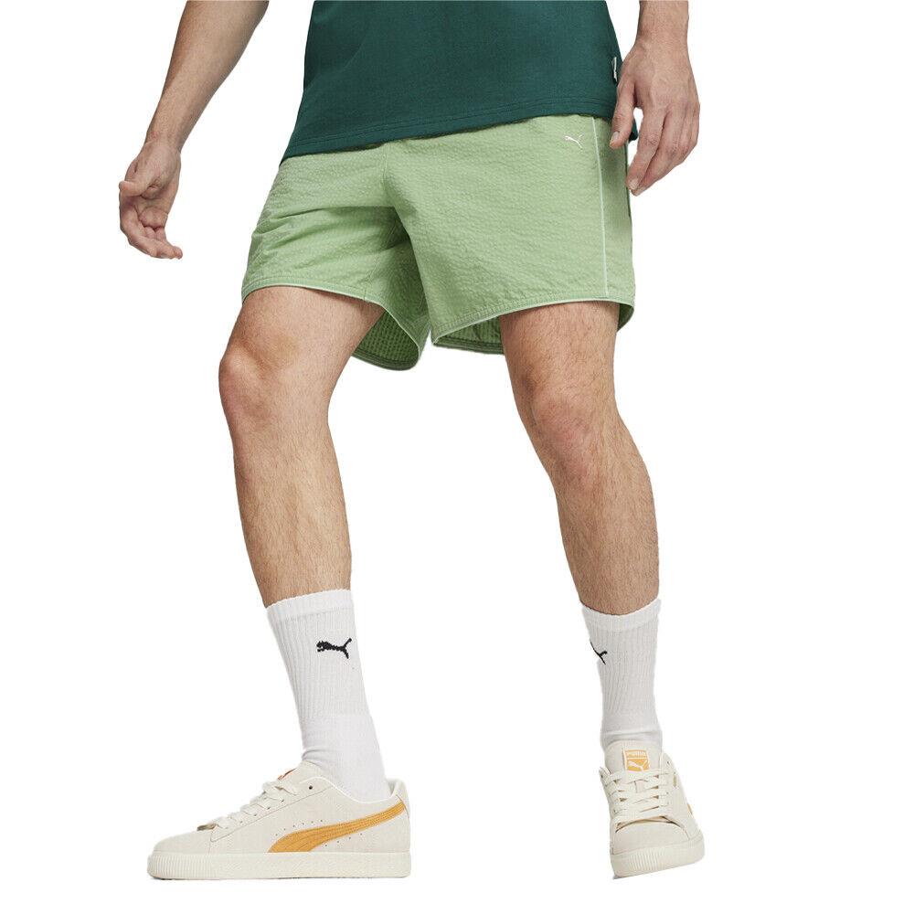 Puma Mmq Seersucker Drawstring Shorts Mens Green Casual Athletic Bottoms 6240188 - Green