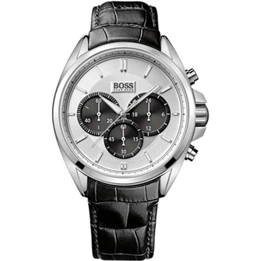 Hugo Boss Men`s 46mm Black Leather Band Steel Case Quartz Silver-tone Dial