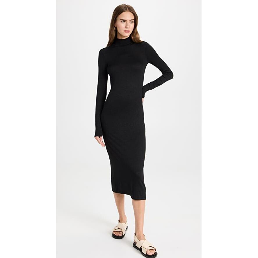 Rag Bone Women Midi Dress Solid Black Cotton Turtleneck Long Sleeves Back Slit