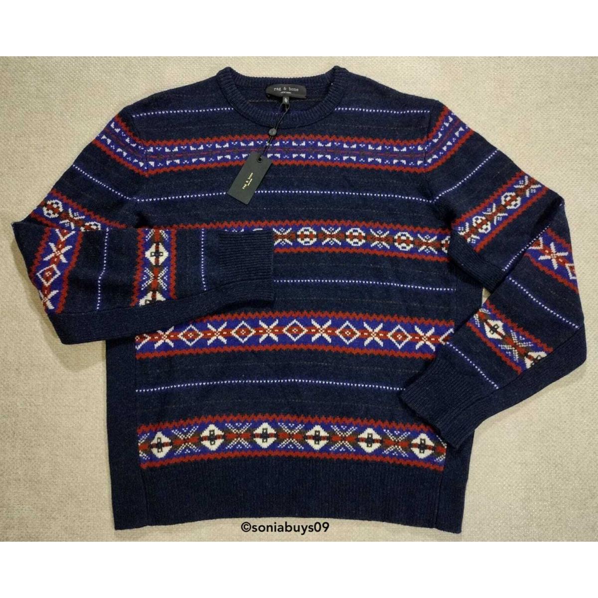 Rag Bone Men`s Wesley Fair Isle Wool Crewneck Sweater Navy Multi Size XL