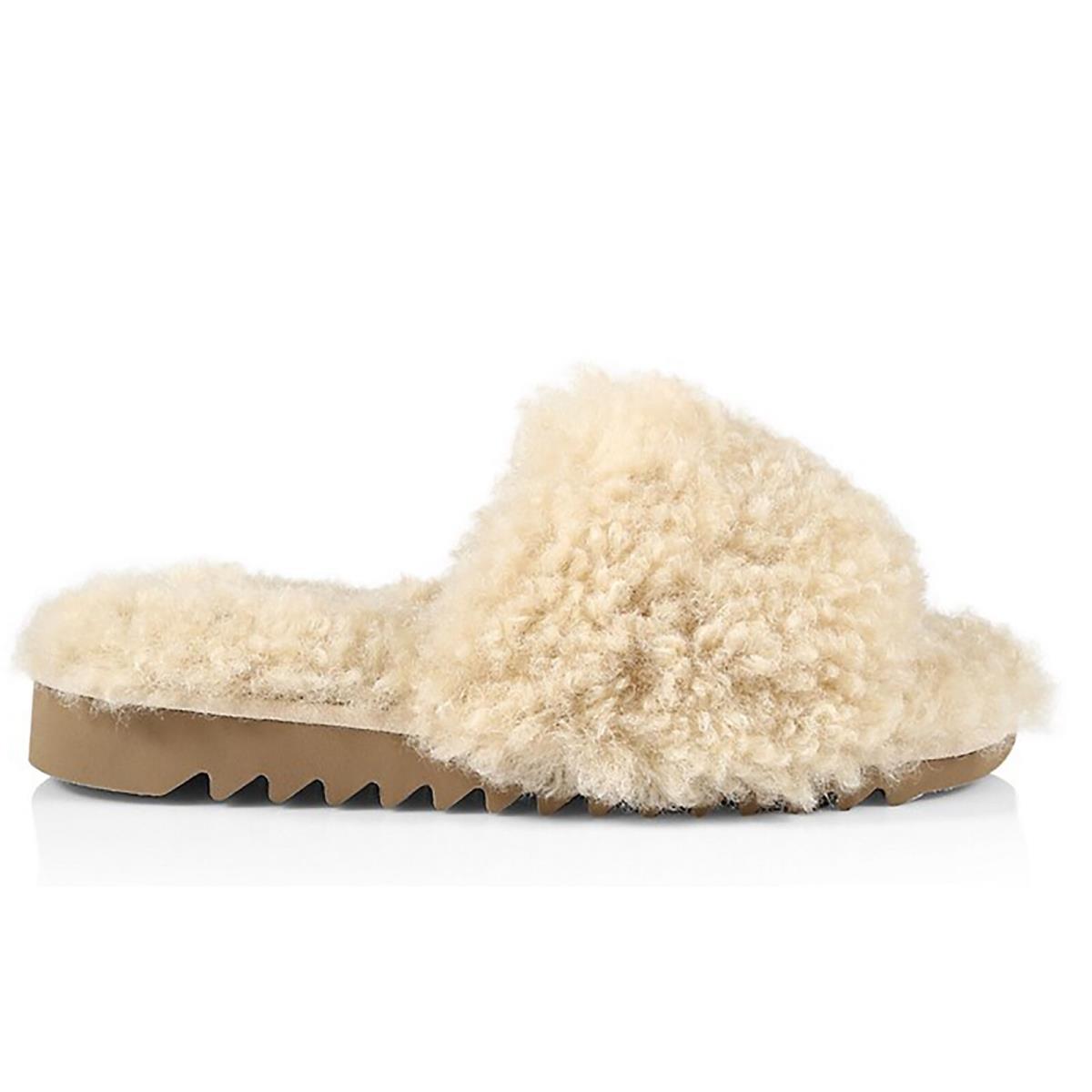 Rag Bone Women Slides Shoes Flats Eira Ivory Fur Shearling Rubber Sole - Ivory