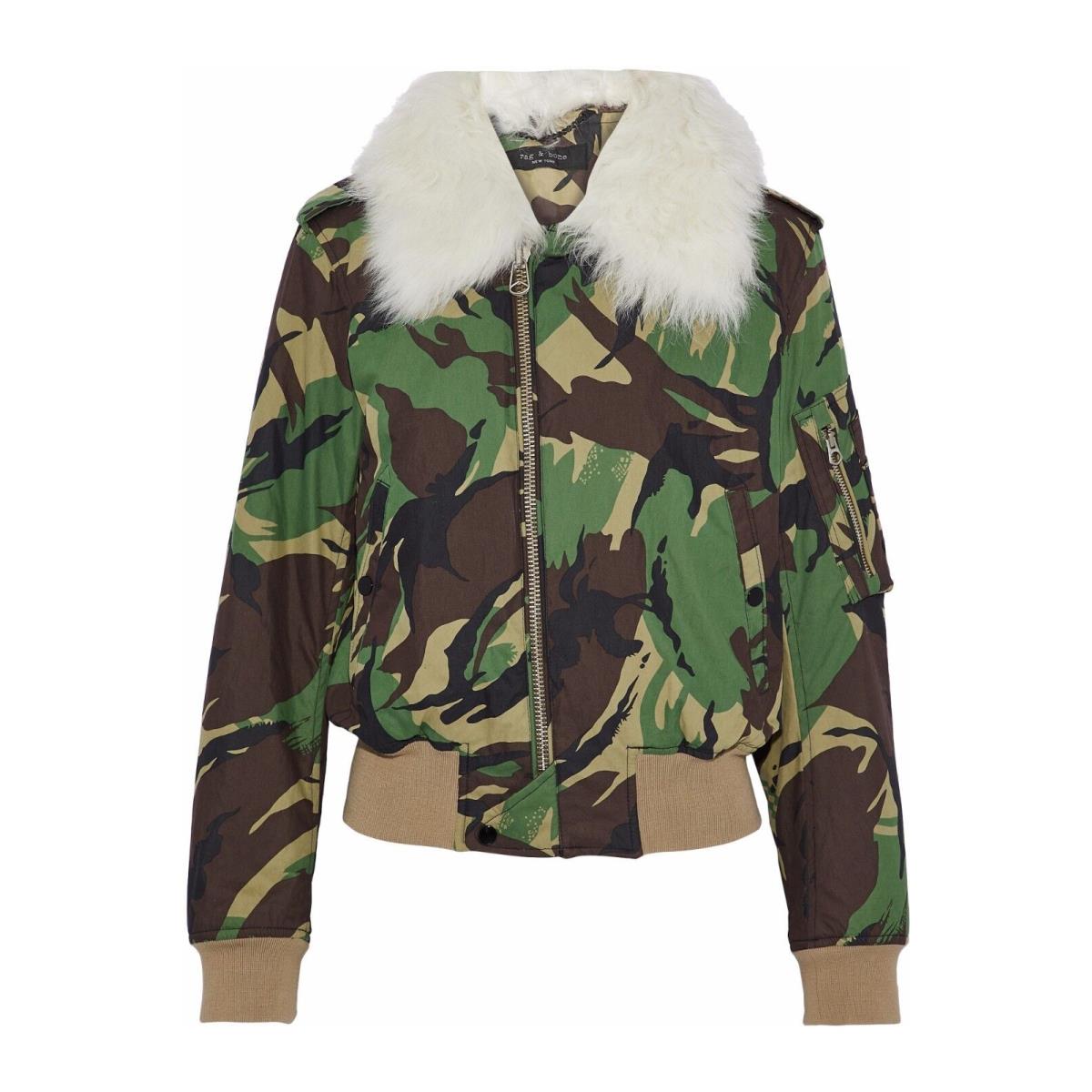 Rag Bone Bomber Flight Shearling Trimmed Collar Camo Printed Jacket Size L