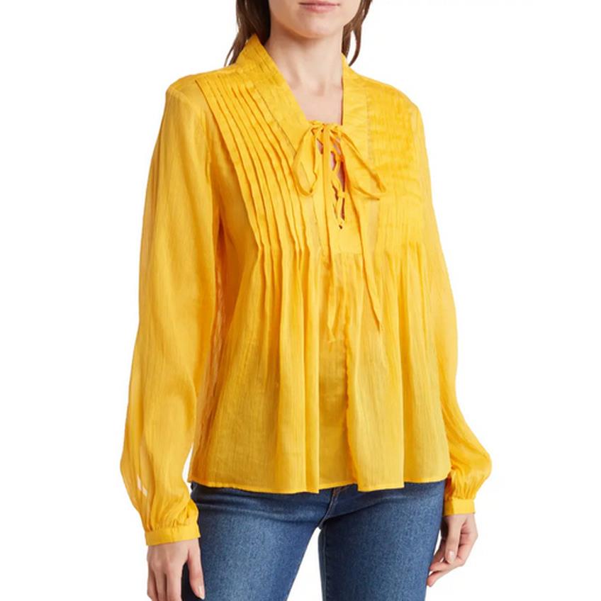 Rag Bone Sachi Pleat Split Neck Cotton/silk Top Safron