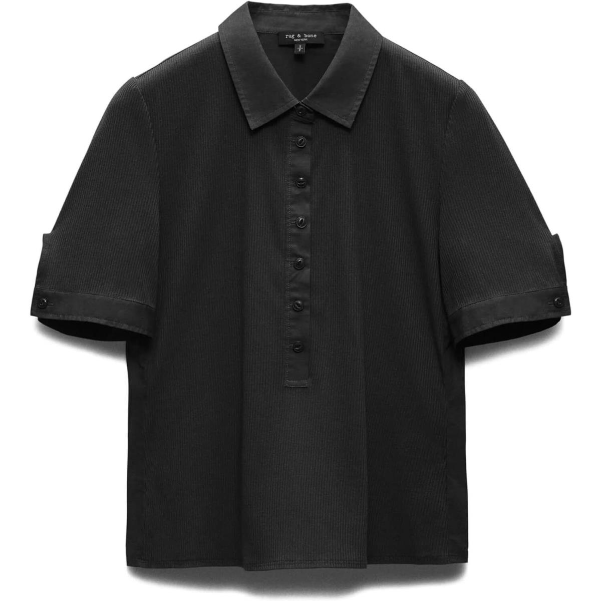 Rag Bone Women Polo Shirt Mix Media Ribbed Short Sleeve Button-down Black