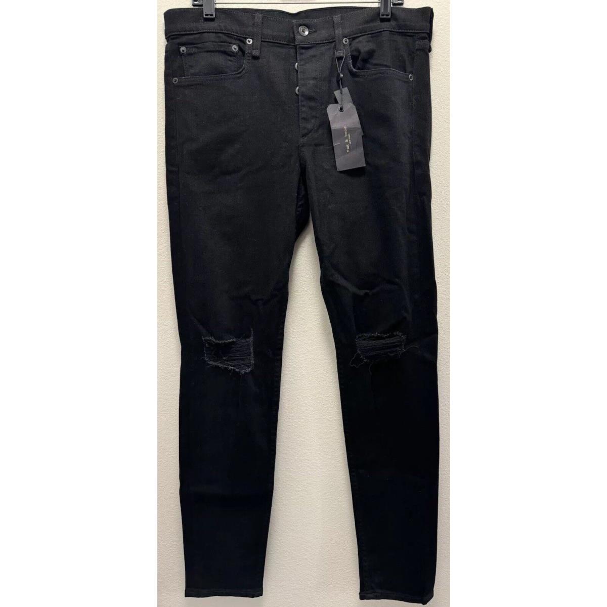 Rag Bone Men`s Size 34x33 Fit 1 Extra Slim Distressed Black Denim Jeans Usa